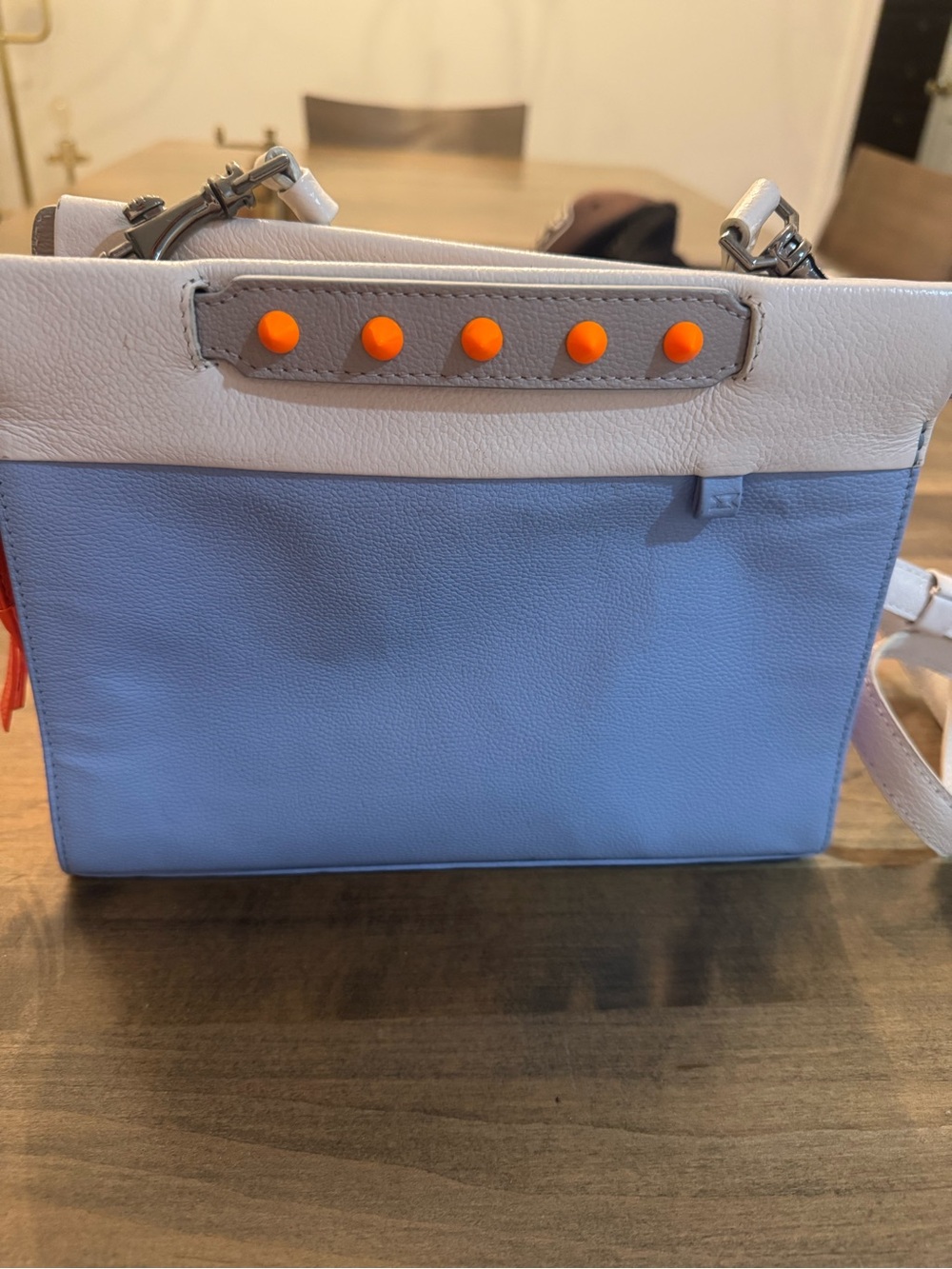 Min & Mon White and Light Blue Crossbody with Orange Studs